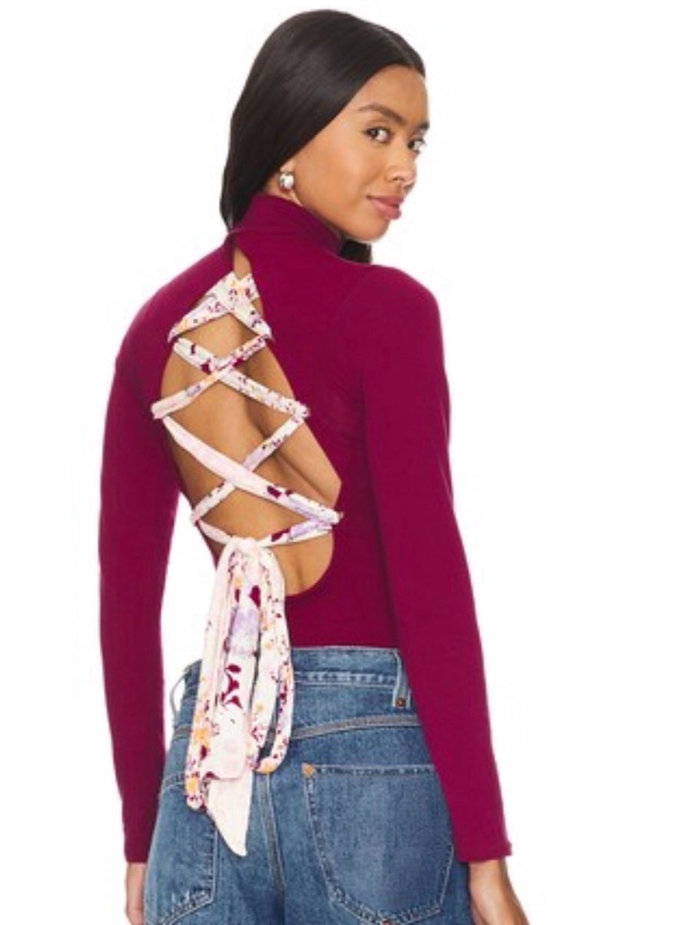 Intimately Free People Lace Up Back Mock Neck Bodysuit Maroon XS